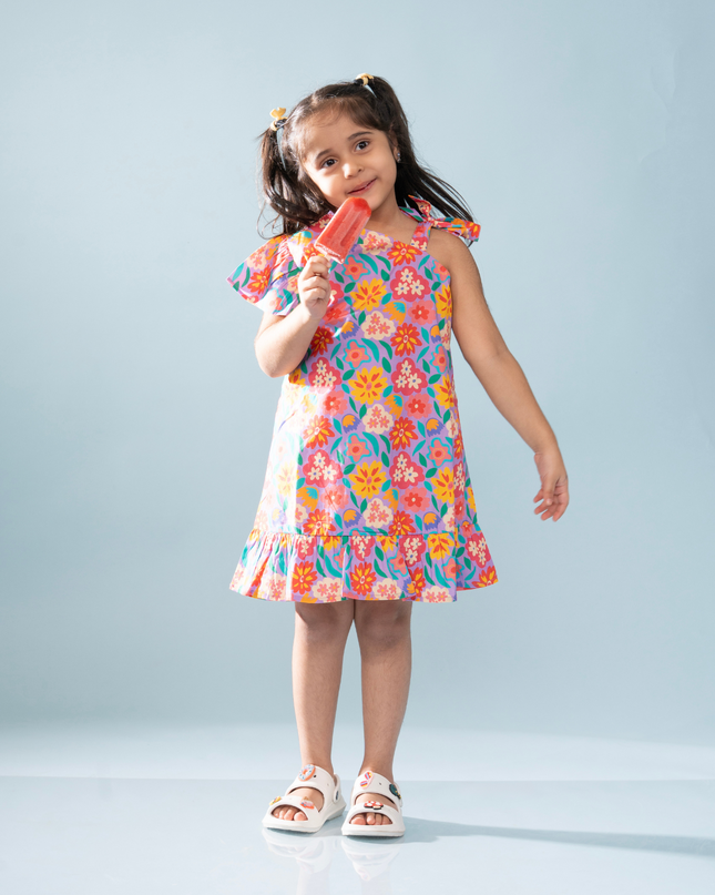 Purple Bloom One-Shoulder Ruffle Dress