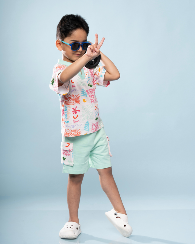 Mint Splash Doodle Print Polo & Shorts Set
