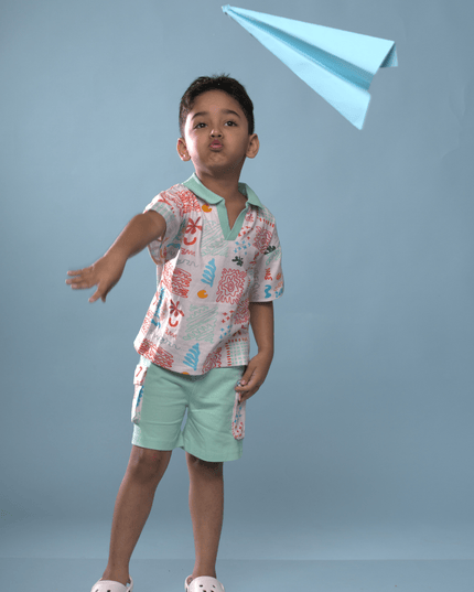 Mint Splash Doodle Print Polo & Shorts Set - Junibear