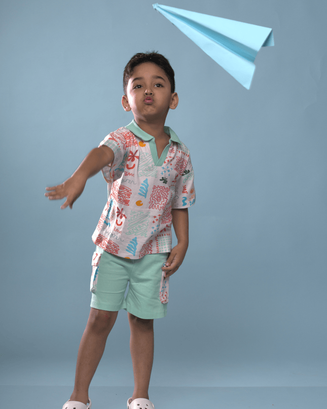 Mint Splash Doodle Print Polo & Shorts Set - Junibear