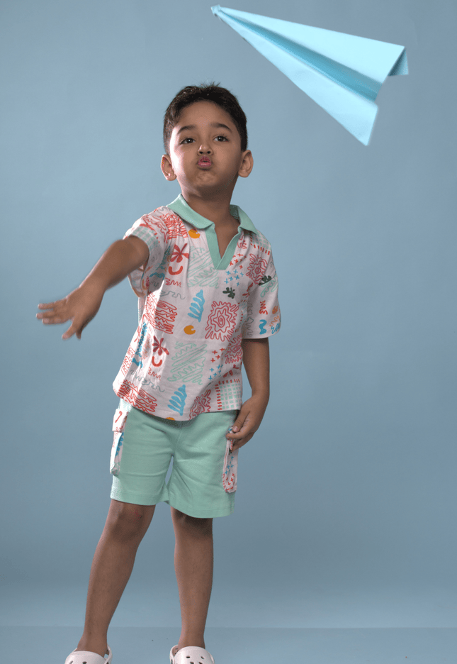 Mint Splash Doodle Print Polo & Shorts Set - Junibear
