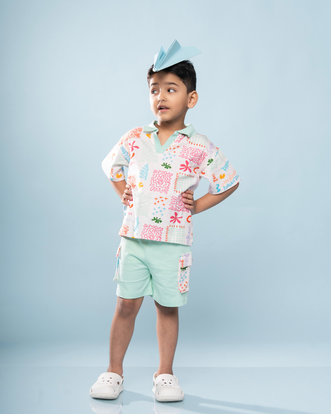 Mint Splash Doodle Print Polo & Shorts Set