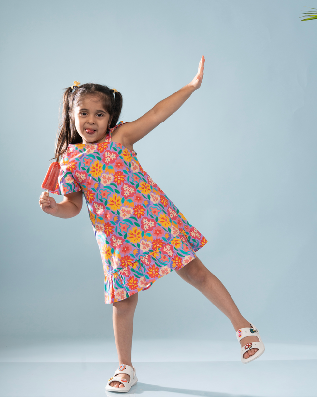 Purple Bloom One-Shoulder Ruffle Dress