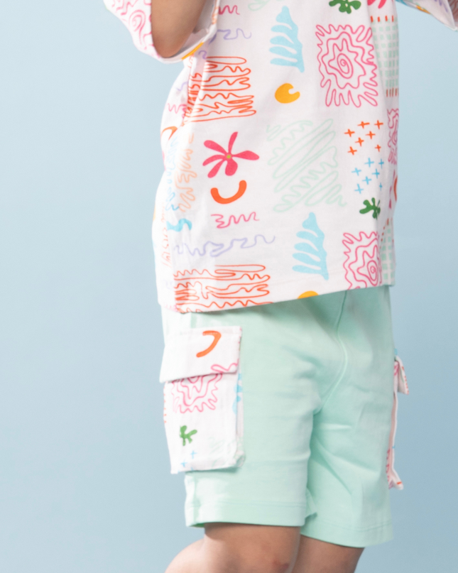 Mint Splash Doodle Print Polo & Shorts Set