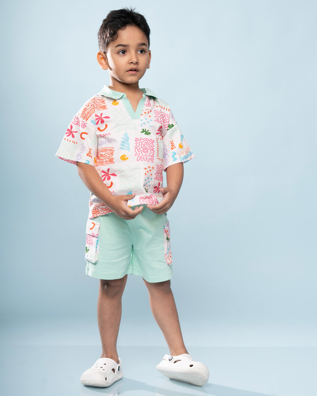 Mint Splash Doodle Print Polo & Shorts Set