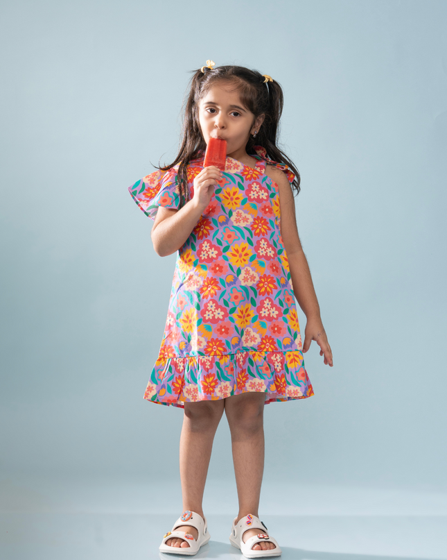 Purple Bloom One-Shoulder Ruffle Dress