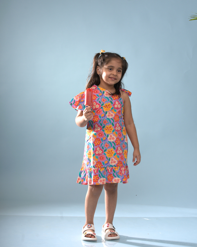 Purple Bloom One-Shoulder Ruffle Dress
