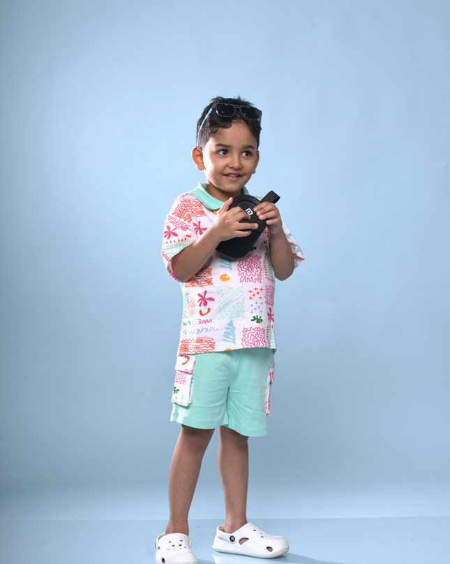 Mint Splash Doodle Print Polo & Shorts Set