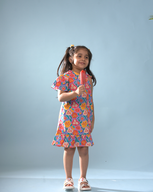 Purple Bloom One-Shoulder Ruffle Dress