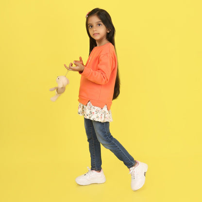 Junibear Winter Orange Sweatshirt with attached skirt | Girls | 360 GSM - Junibear