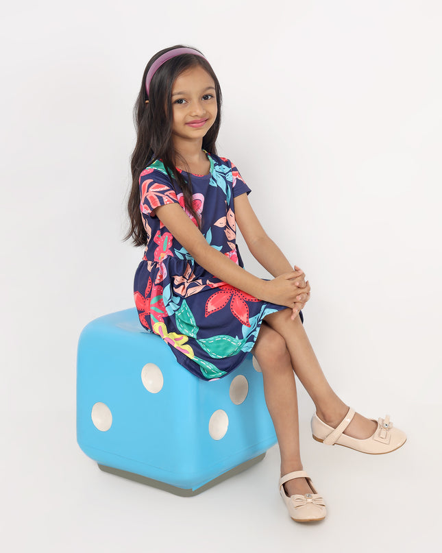 Junibear Printed Dress-Navy Blue